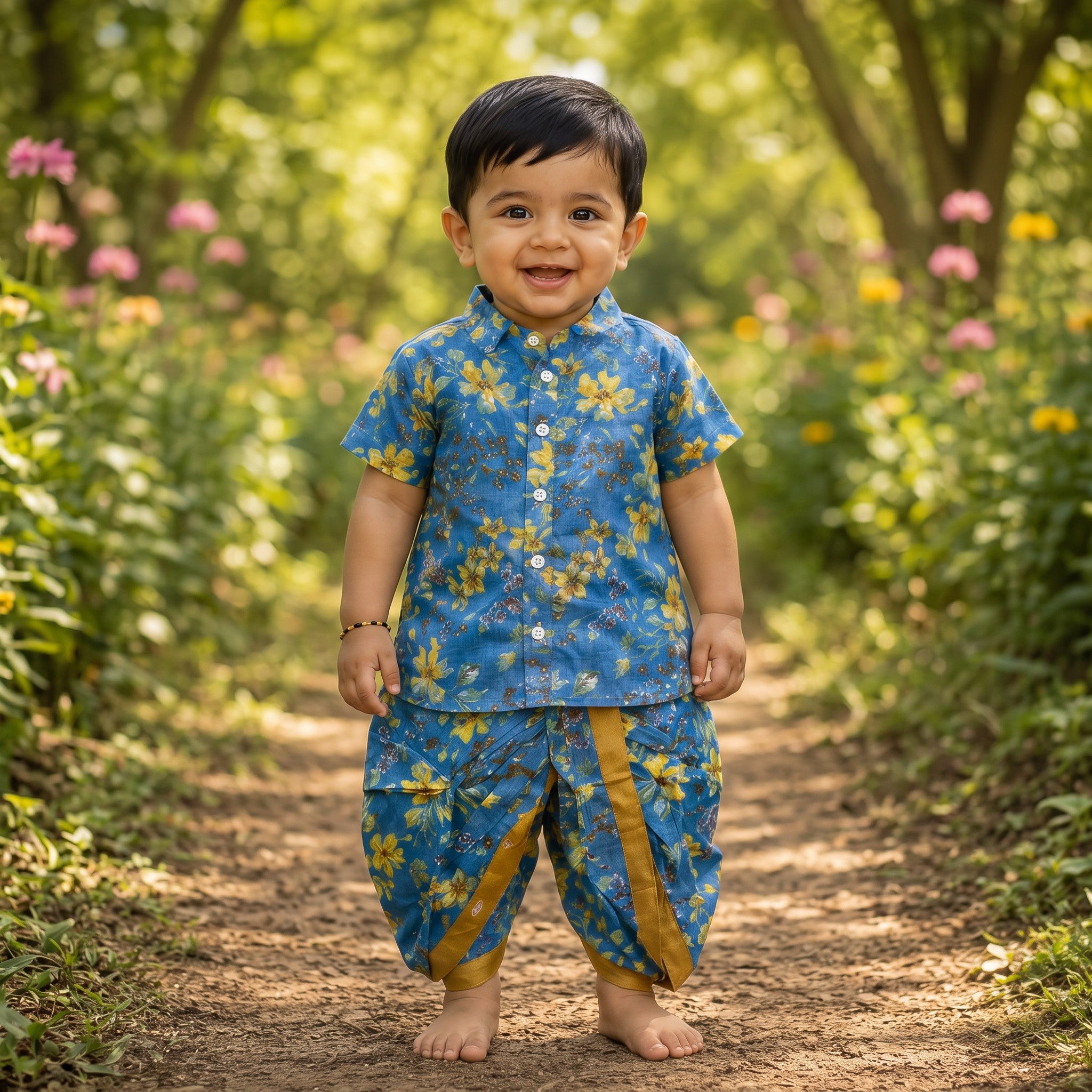 Nila Blue Floral Kurta & Dhoti Set