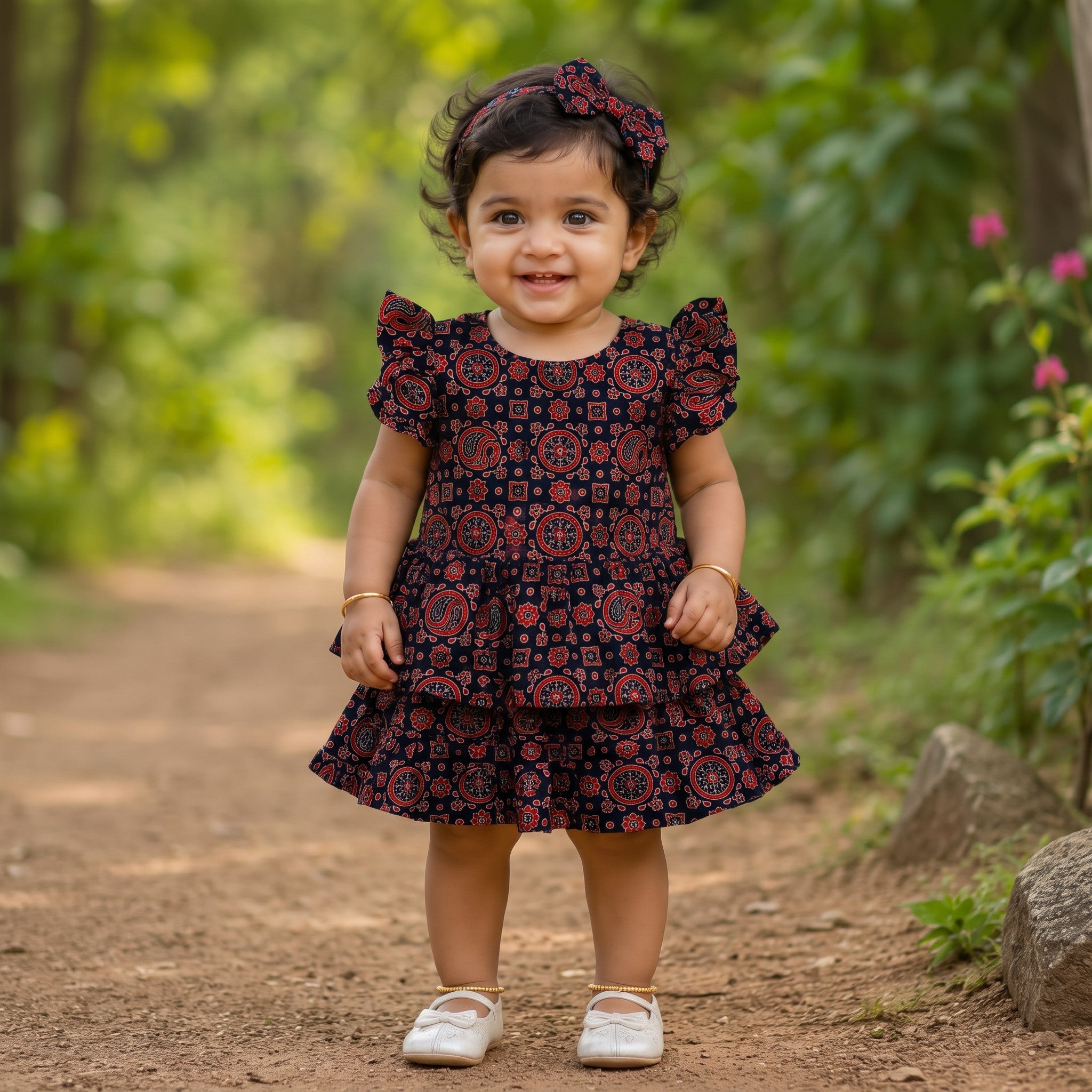 Red & Black Floral Printed Peplum & Skirt Set