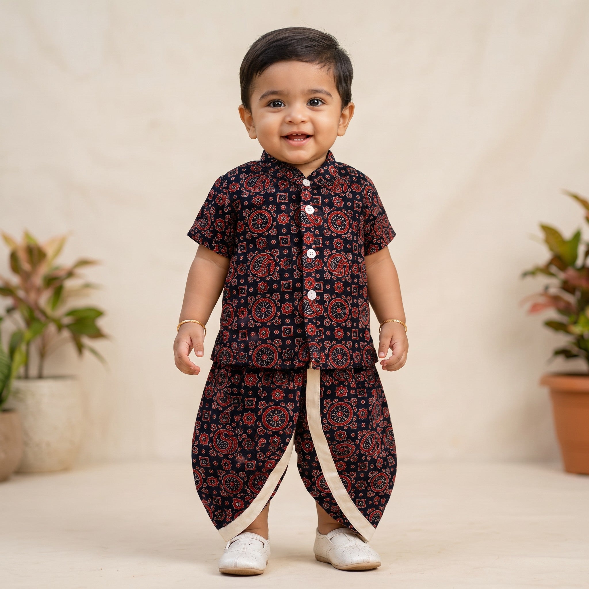Red & Black Floral Printed Shirt & Dhoti Set